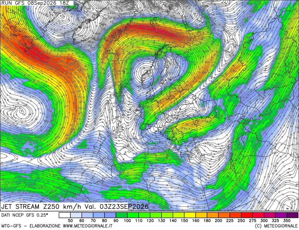 mappa 250 hPa Jet stream