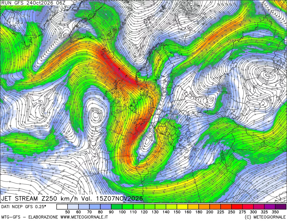 mappa 250 hPa Jet stream