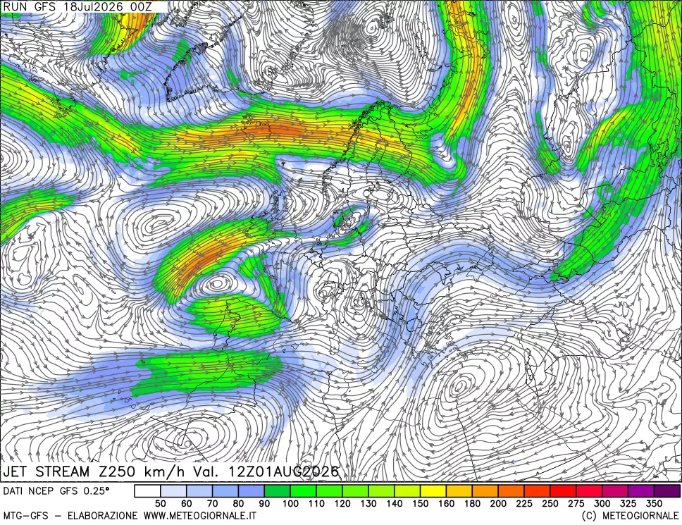 mappa 250 hPa Jet stream
