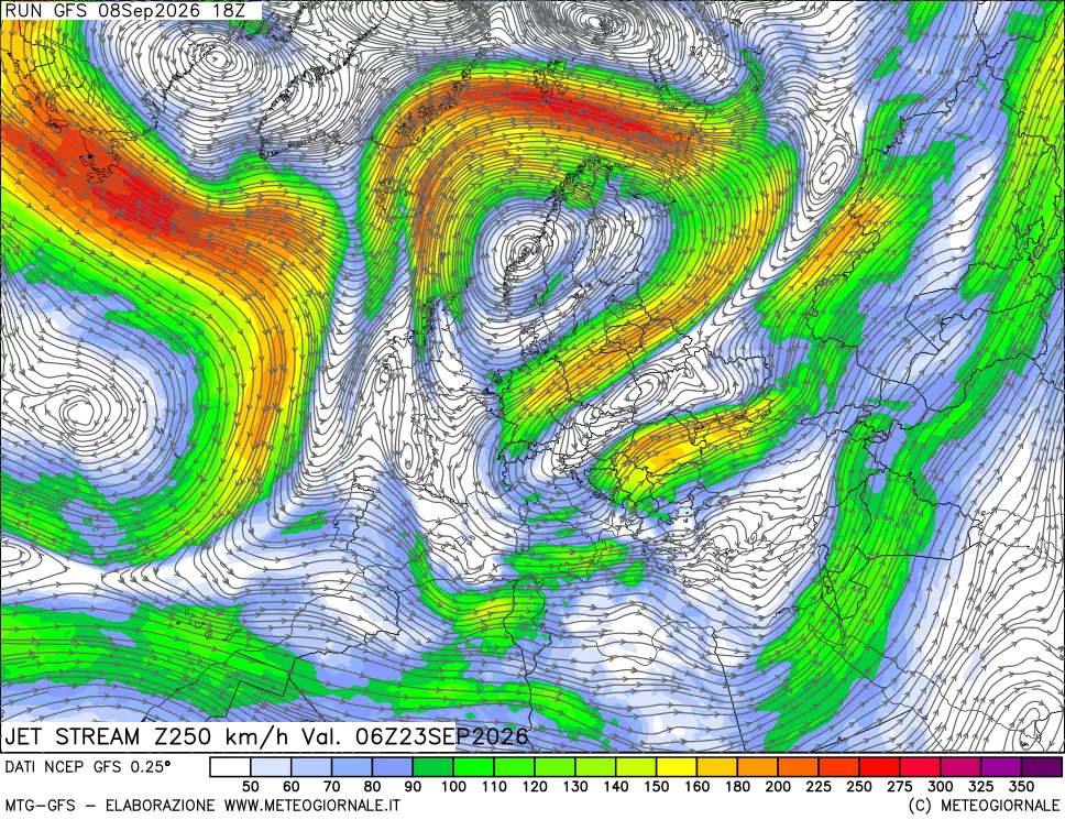 mappa 250 hPa Jet stream
