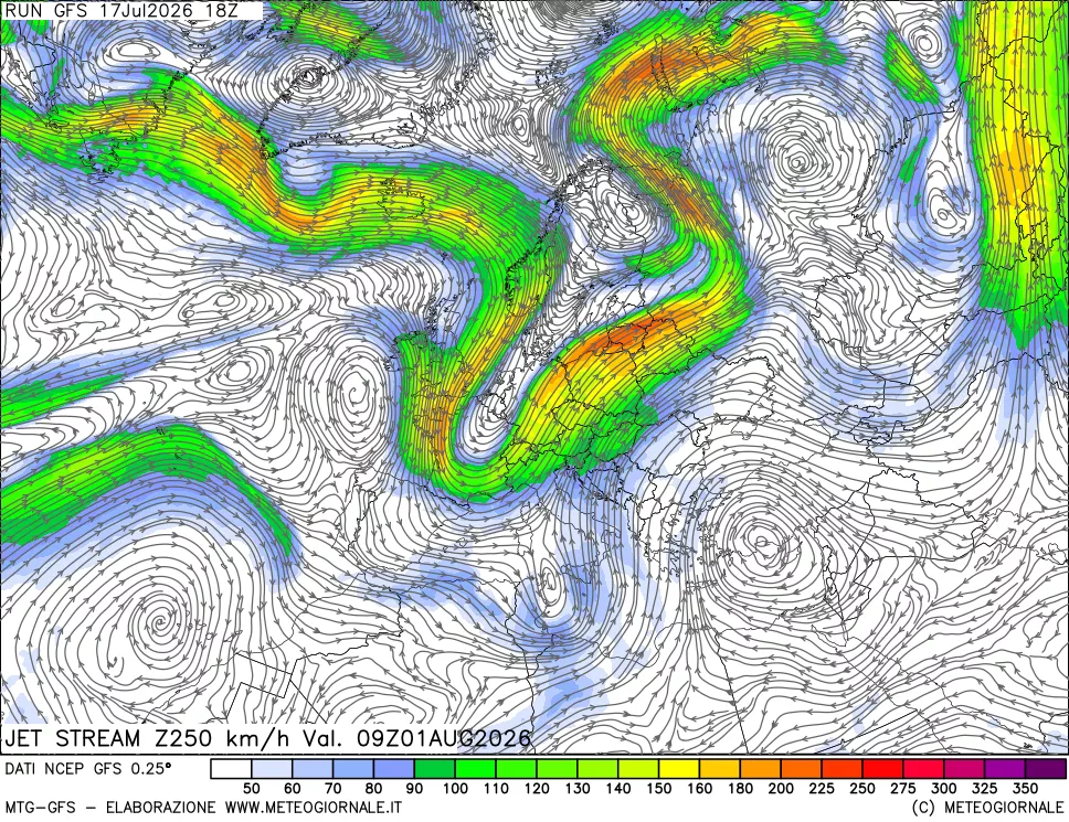 mappa 250 hPa Jet stream