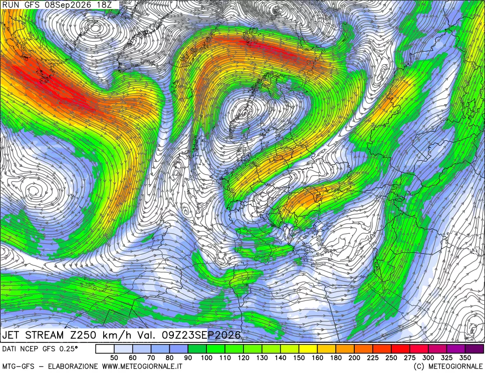 mappa 250 hPa Jet stream