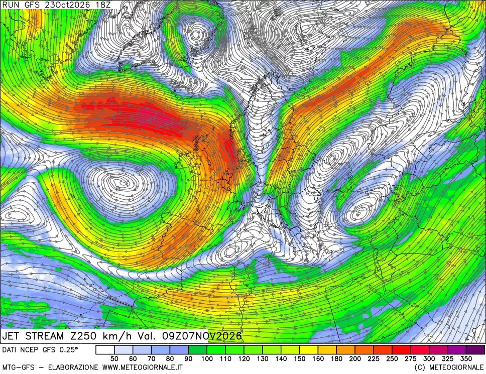 mappa 250 hPa Jet stream