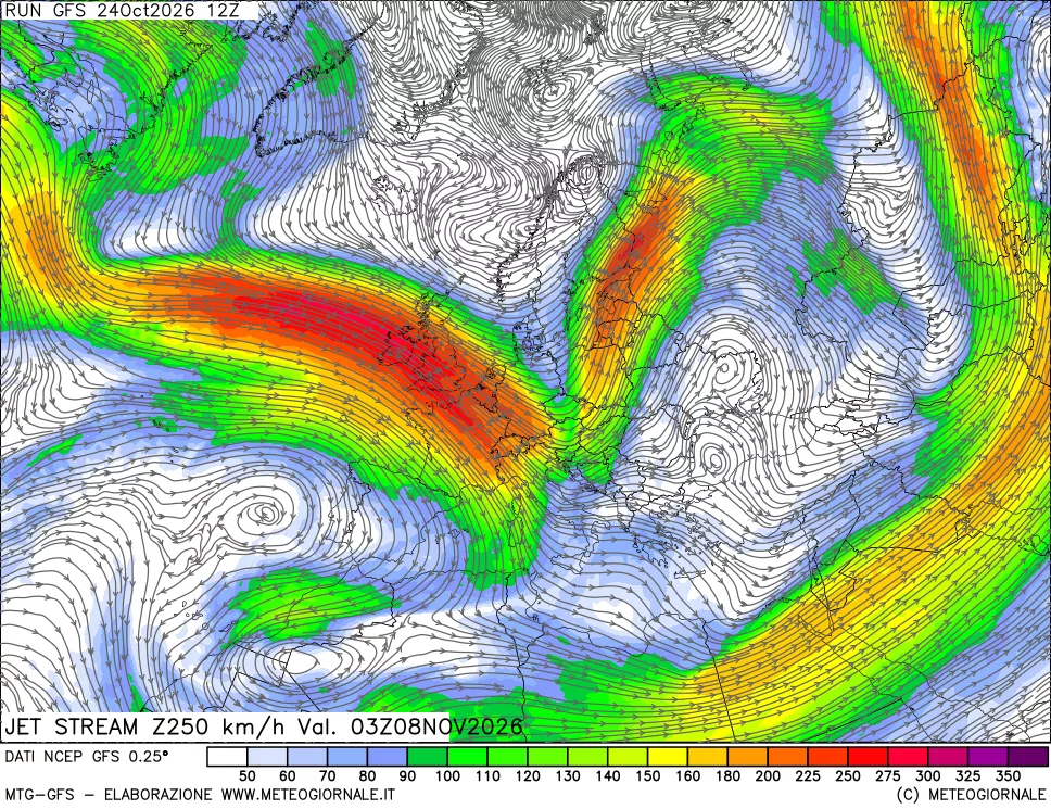 mappa 250 hPa Jet stream