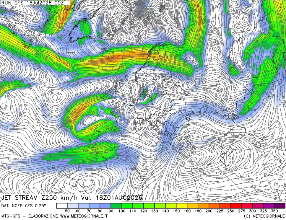 mappa 250 hPa Jet stream