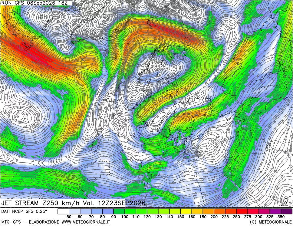 mappa 250 hPa Jet stream