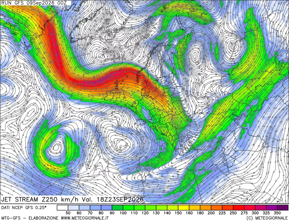mappa 250 hPa Jet stream