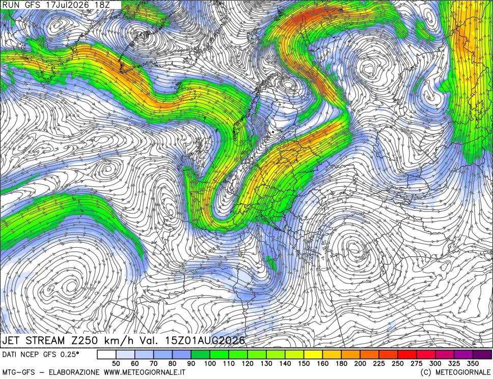 mappa 250 hPa Jet stream
