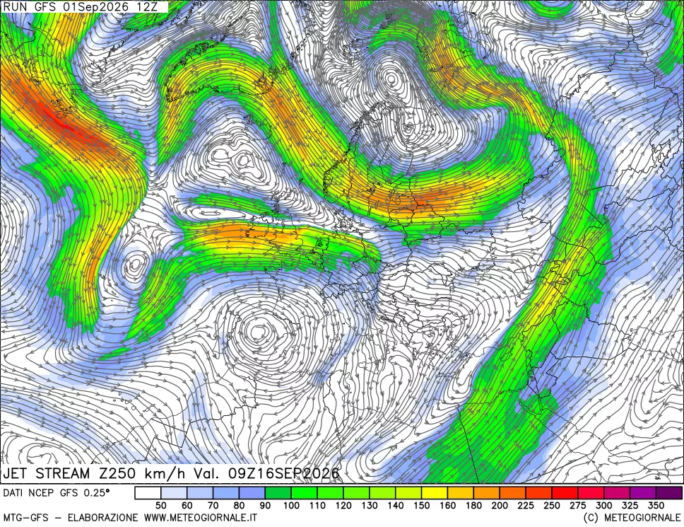 mappa 250 hPa Jet stream