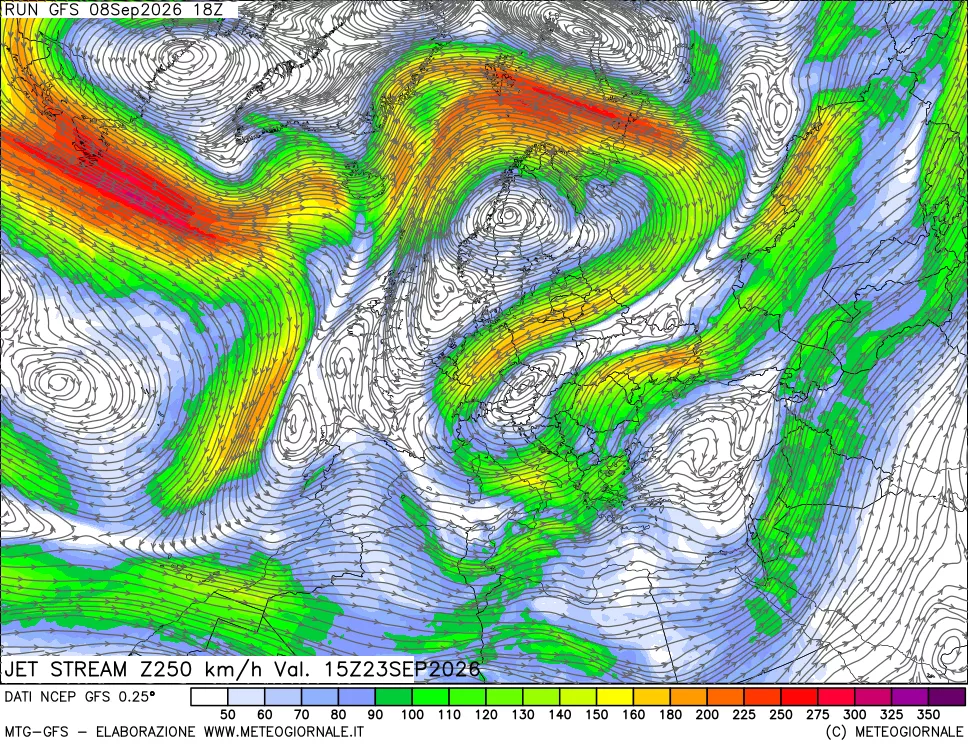 mappa 250 hPa Jet stream