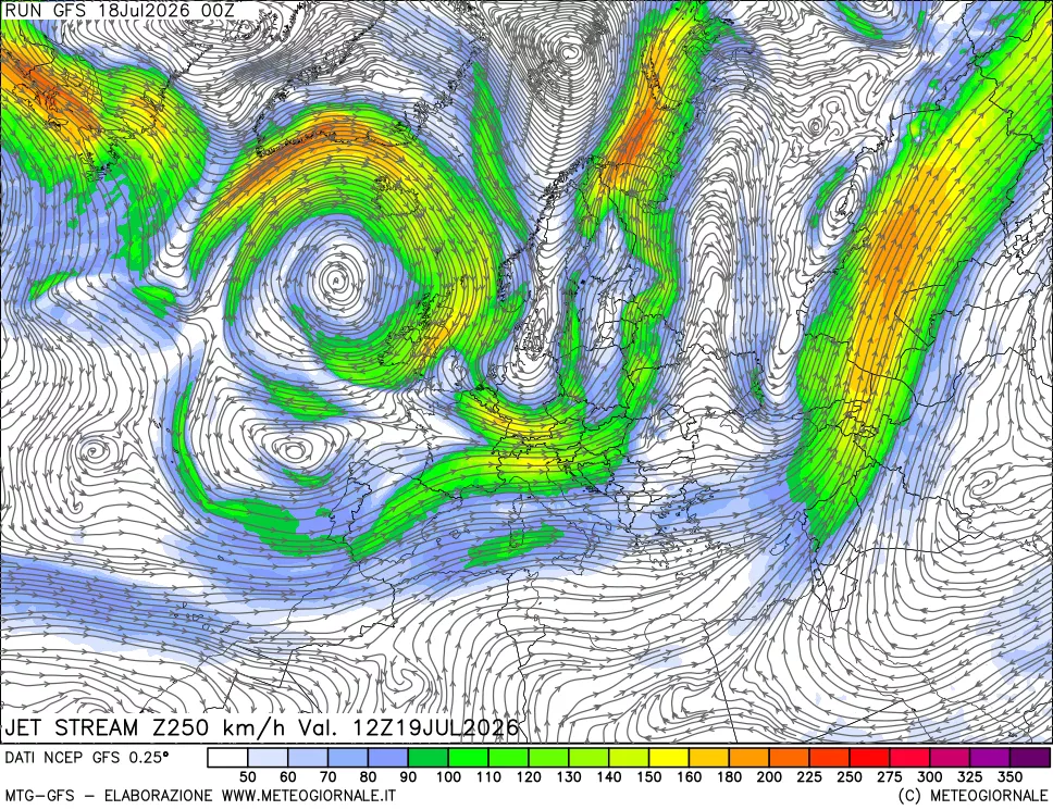 mappa 250 hPa Jet stream