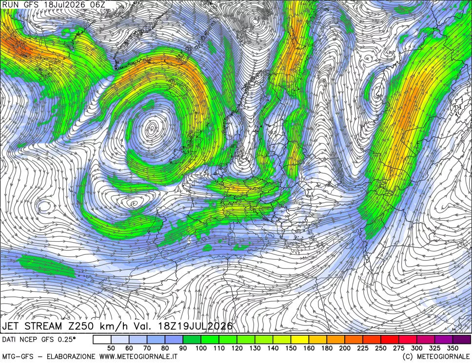 mappa 250 hPa Jet stream