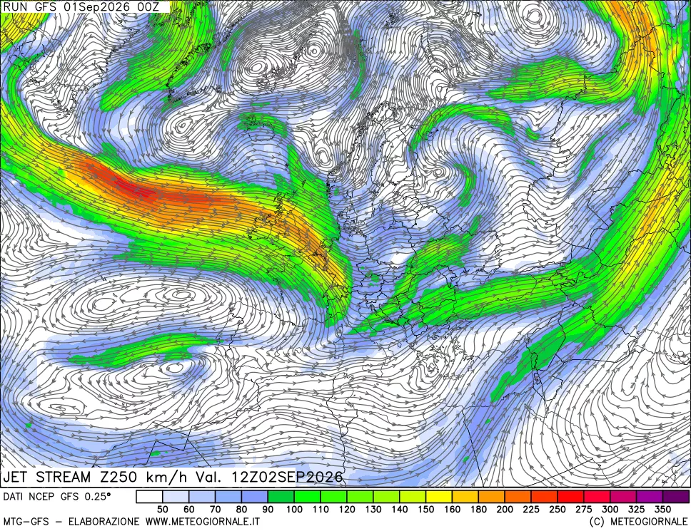mappa 250 hPa Jet stream