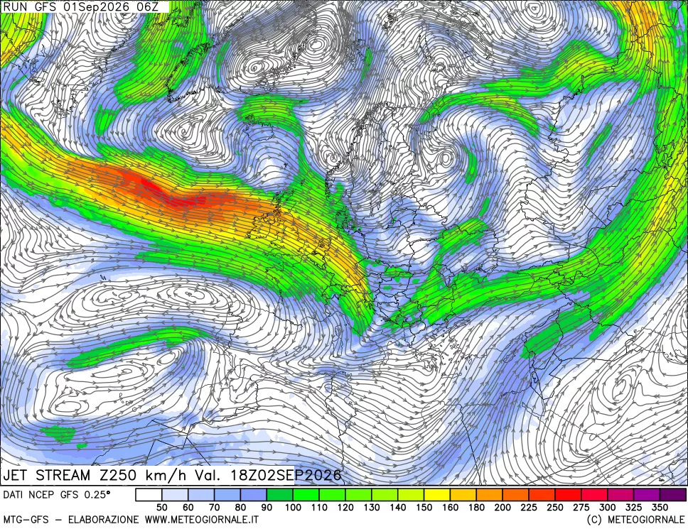 mappa 250 hPa Jet stream