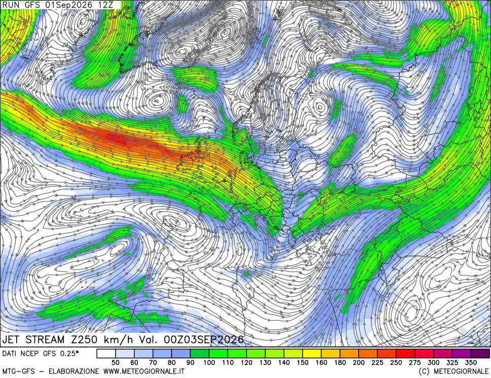 mappa 250 hPa Jet stream