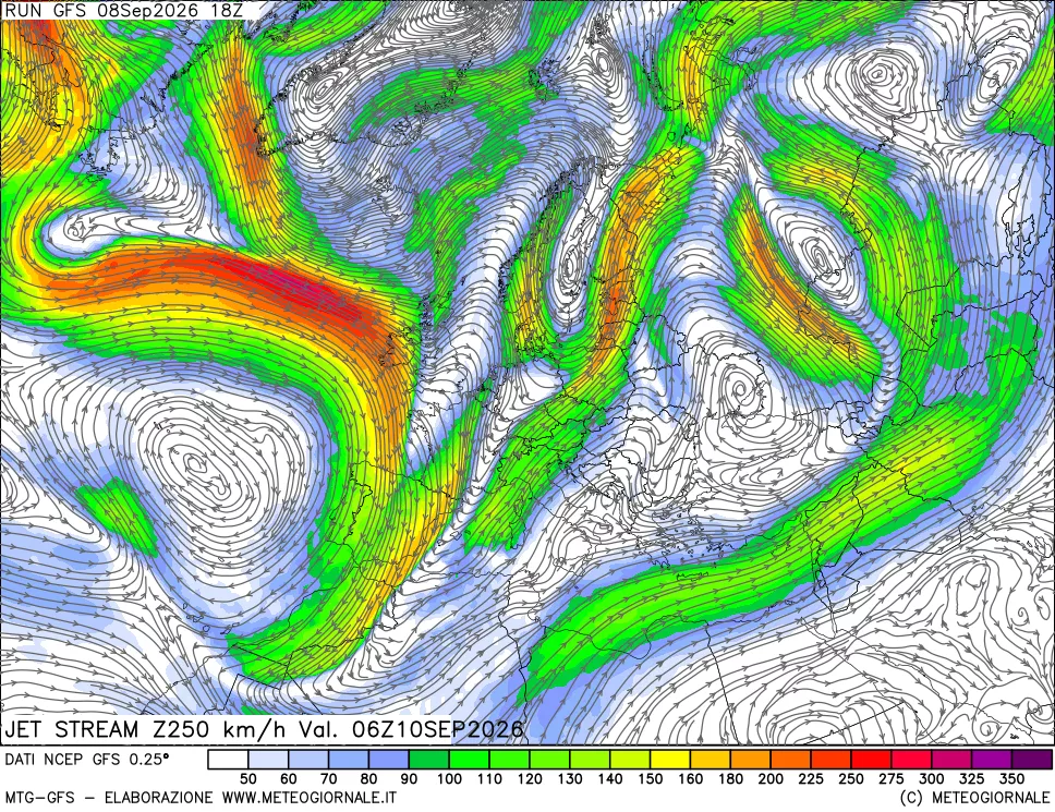 mappa 250 hPa Jet stream