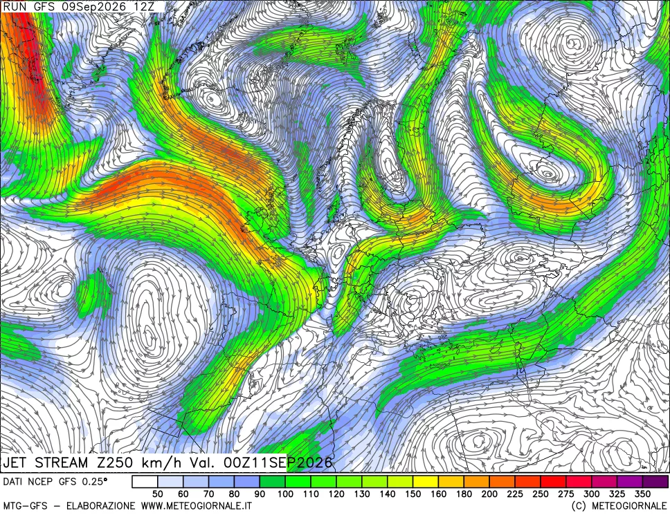 mappa 250 hPa Jet stream