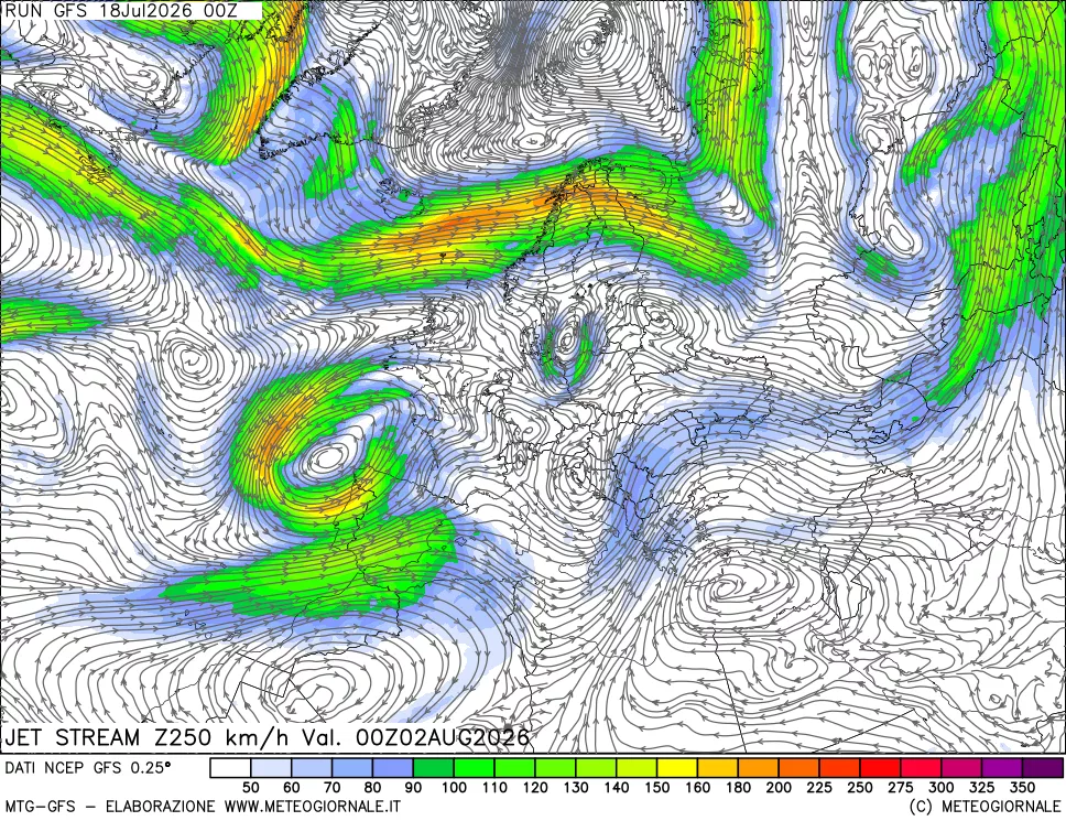 mappa 250 hPa Jet stream