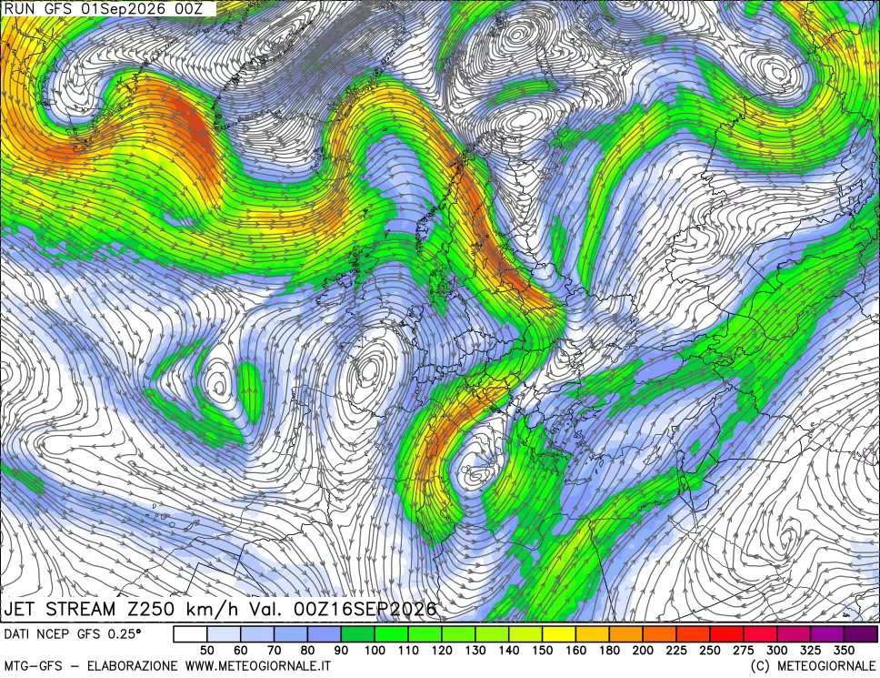 mappa 250 hPa Jet stream