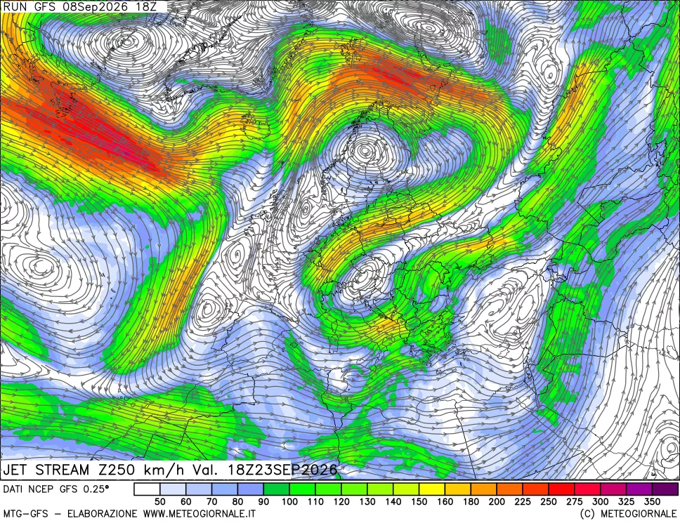 mappa 250 hPa Jet stream