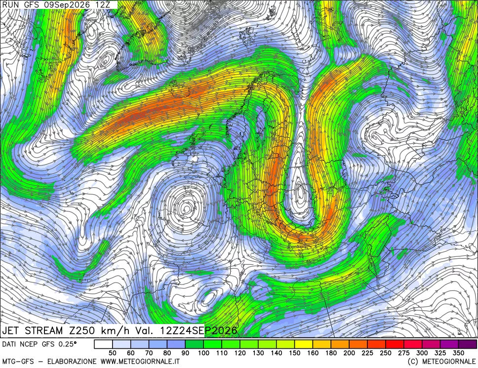 mappa 250 hPa Jet stream