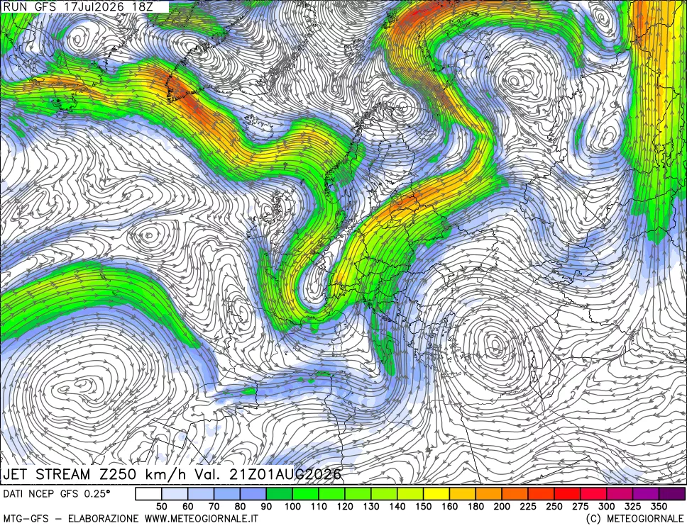 mappa 250 hPa Jet stream