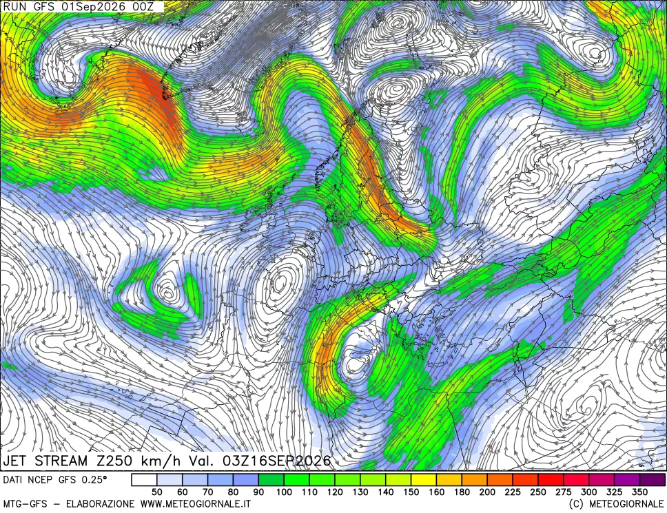mappa 250 hPa Jet stream