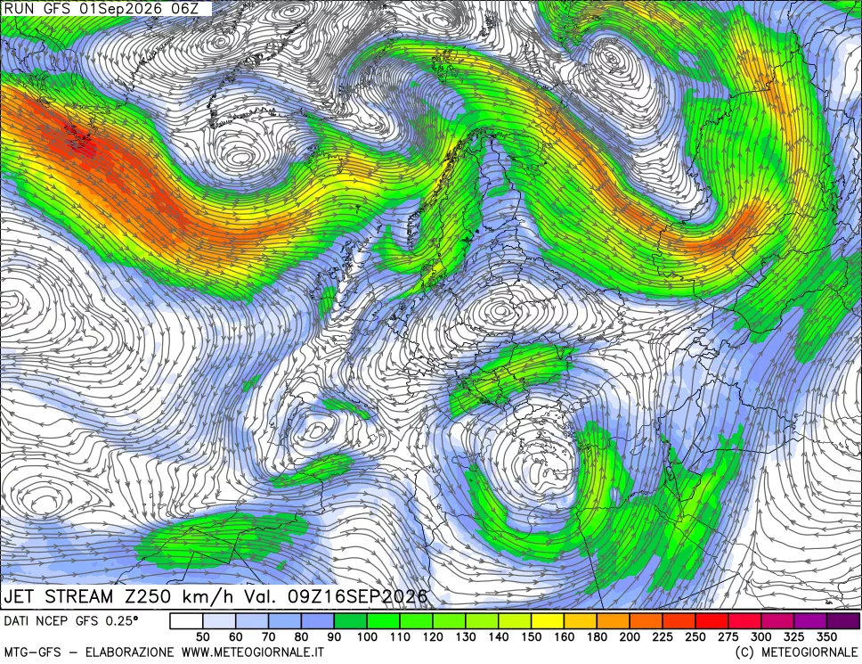 mappa 250 hPa Jet stream