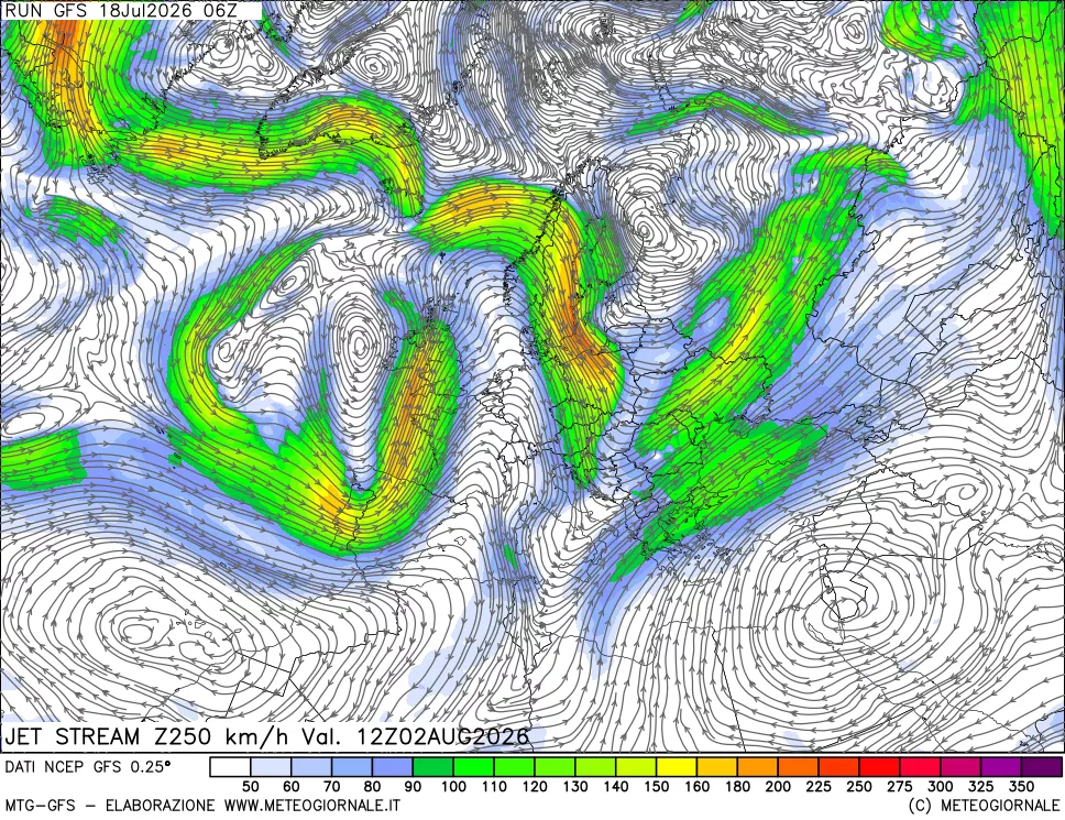 mappa 250 hPa Jet stream