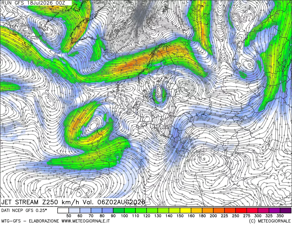 mappa 250 hPa Jet stream