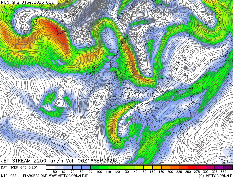 mappa 250 hPa Jet stream