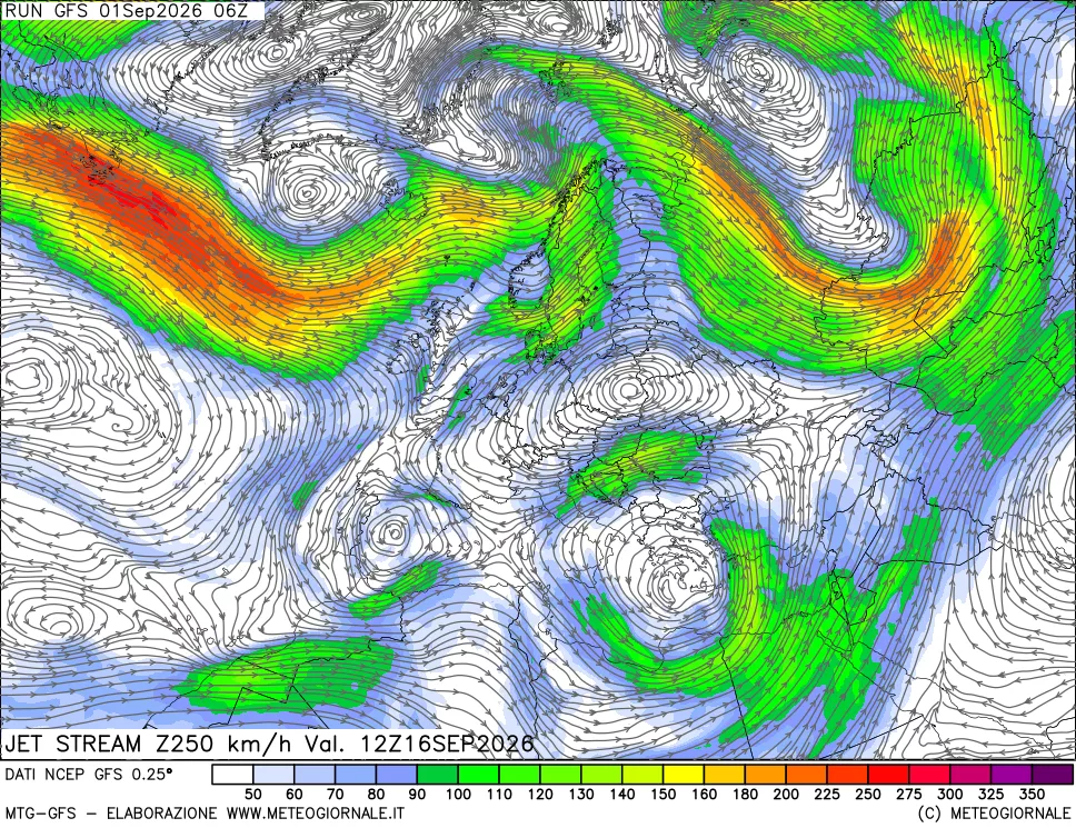 mappa 250 hPa Jet stream