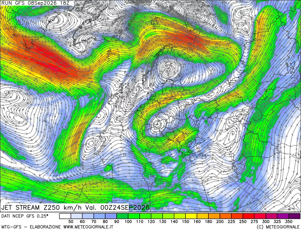mappa 250 hPa Jet stream