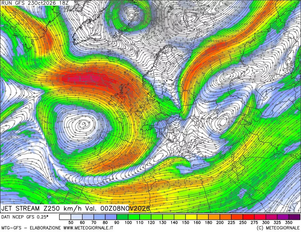 mappa 250 hPa Jet stream