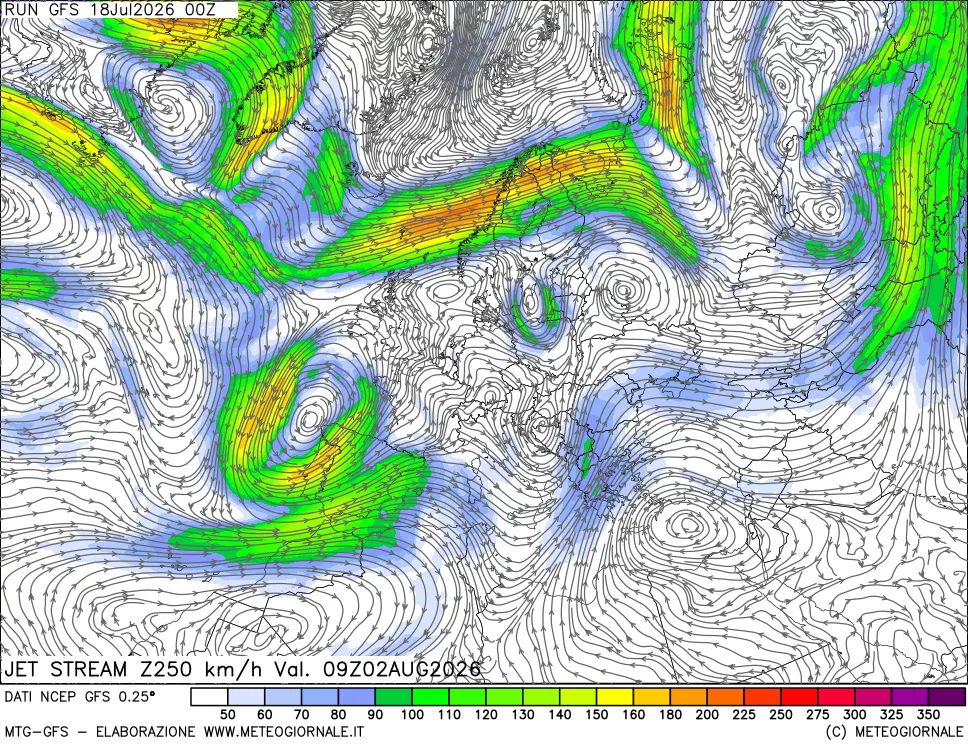 mappa 250 hPa Jet stream