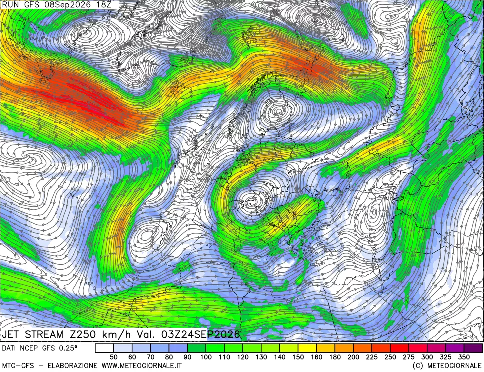 mappa 250 hPa Jet stream