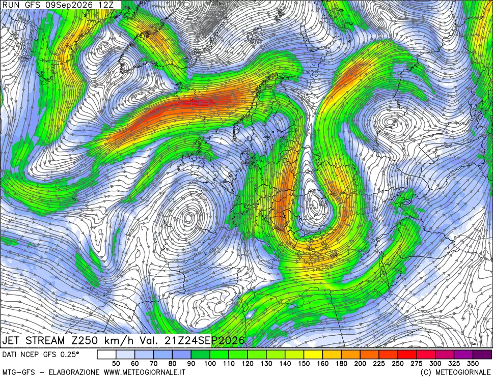 mappa 250 hPa Jet stream