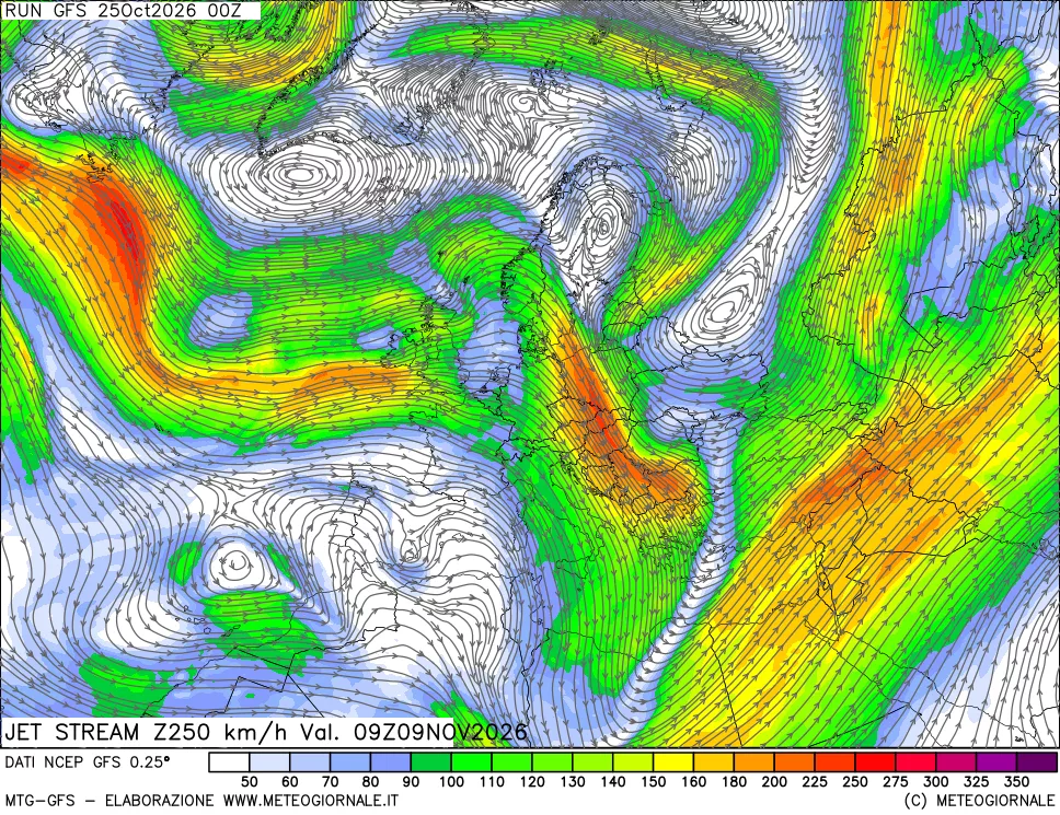 mappa 250 hPa Jet stream