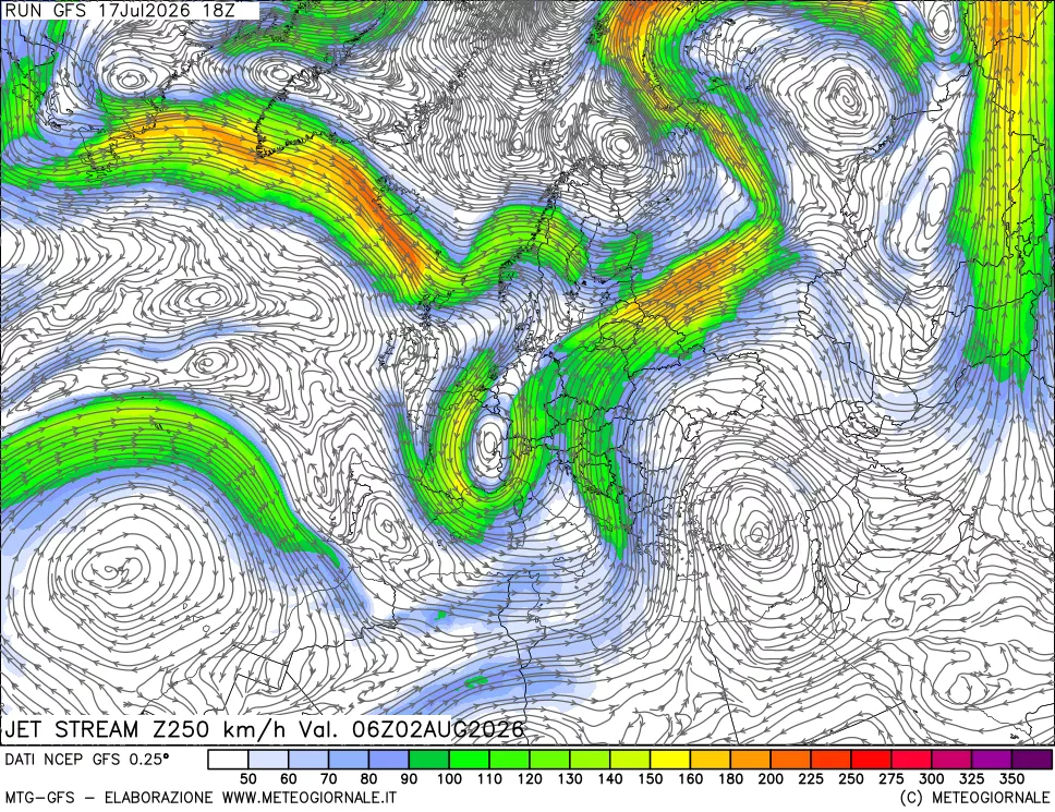 mappa 250 hPa Jet stream