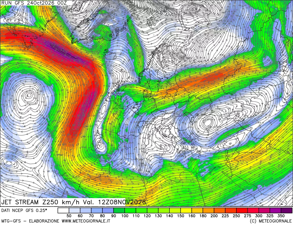 mappa 250 hPa Jet stream