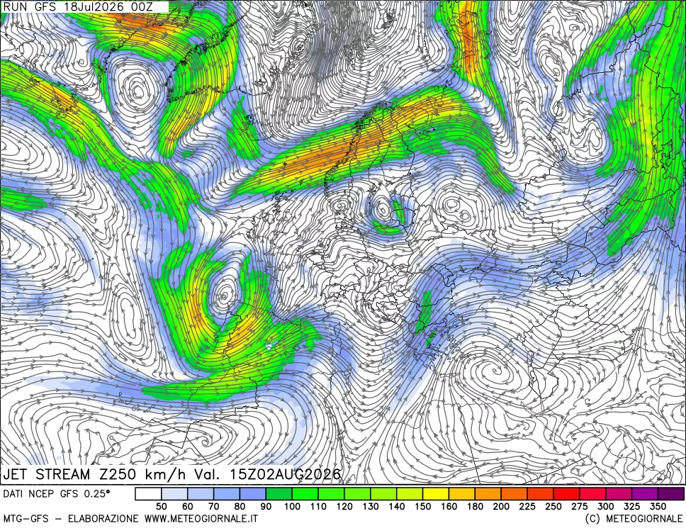 mappa 250 hPa Jet stream