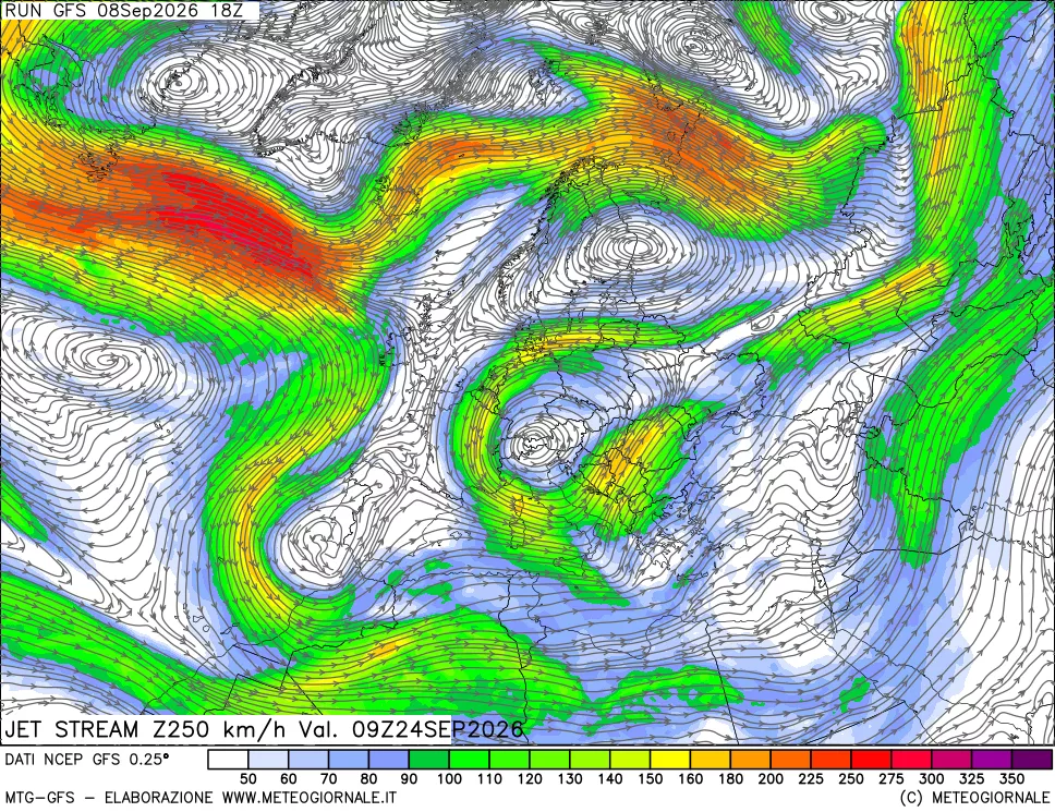 mappa 250 hPa Jet stream