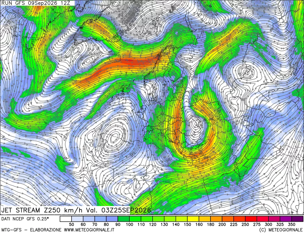 mappa 250 hPa Jet stream