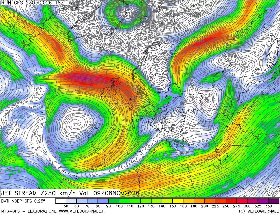 mappa 250 hPa Jet stream