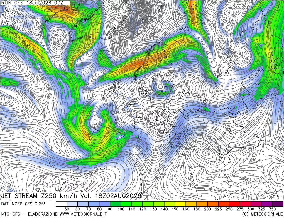mappa 250 hPa Jet stream