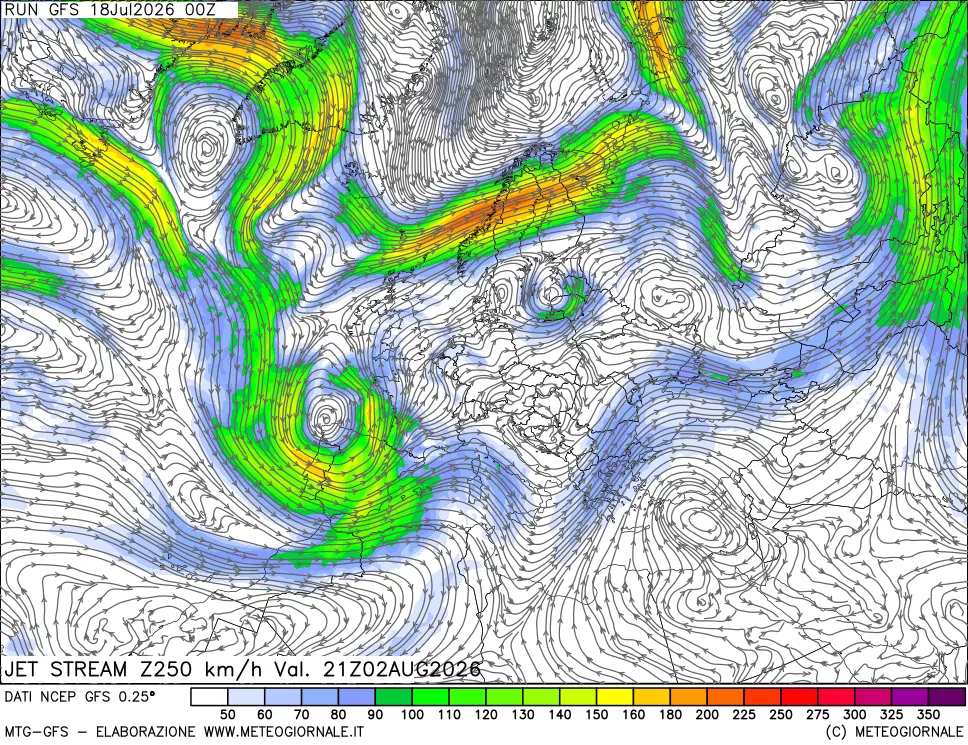 mappa 250 hPa Jet stream