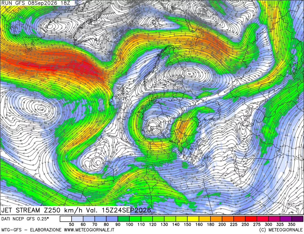 mappa 250 hPa Jet stream