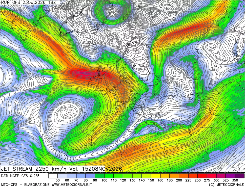mappa 250 hPa Jet stream