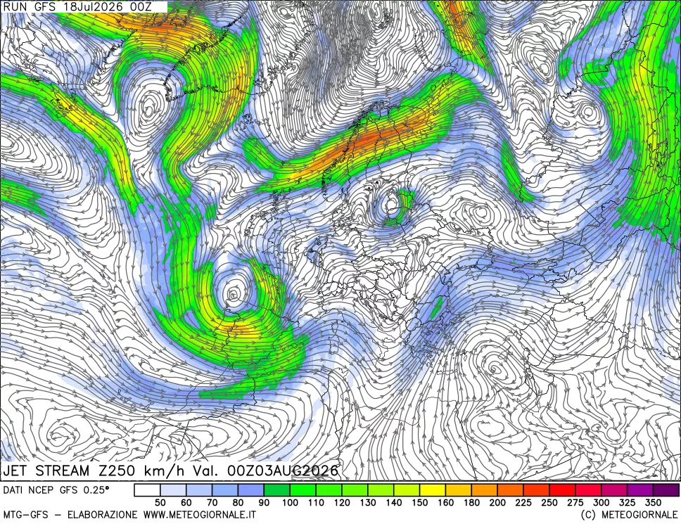 mappa 250 hPa Jet stream