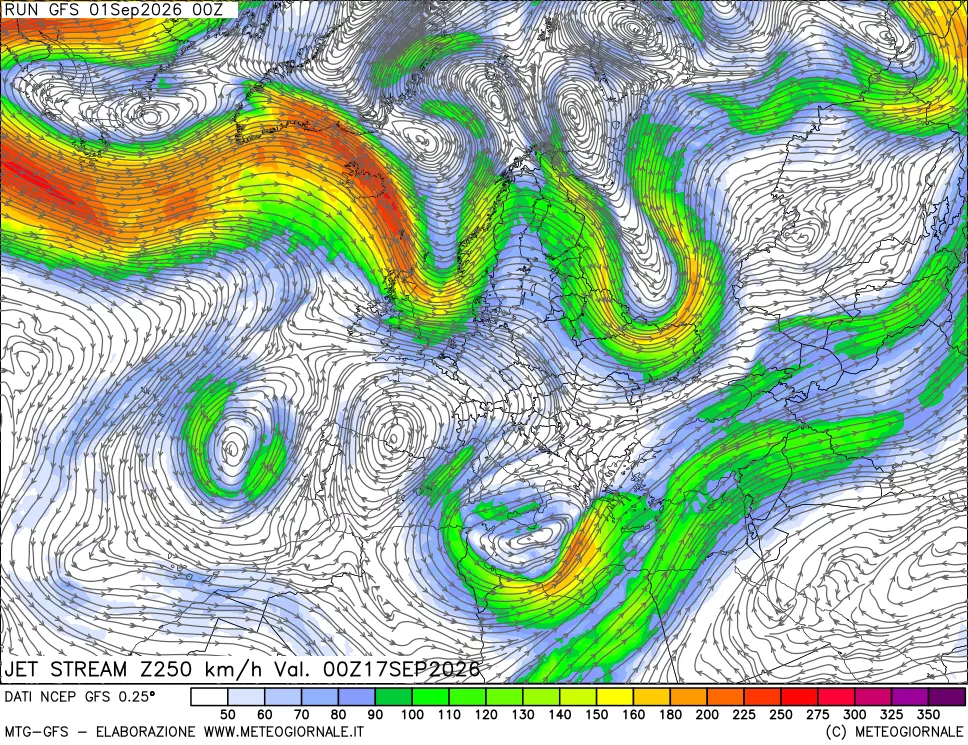mappa 250 hPa Jet stream